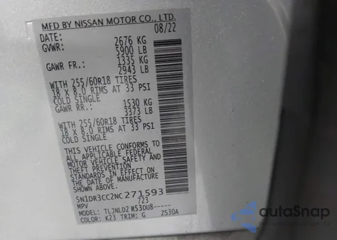 2022 Nissan Pathfinder Sl 4Wd из США, поврежденный, VIN 5N1DR3CC2NC271593